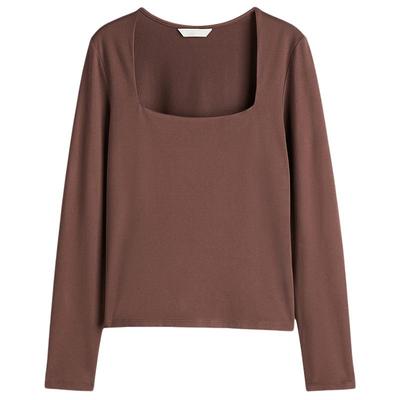 HM女装T恤秋季时尚复古休闲方领显瘦法式打底衫长袖上衣1089811