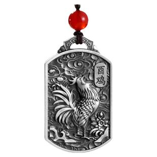 高档999足银十二生肖八卦吊坠纯银国潮转动银牌男士方牌潮个性链