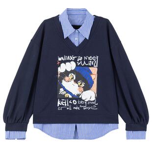 KEIKO 少年感萌猫印花加绒卫衣2026早春新款学院风假两件拼接上衣