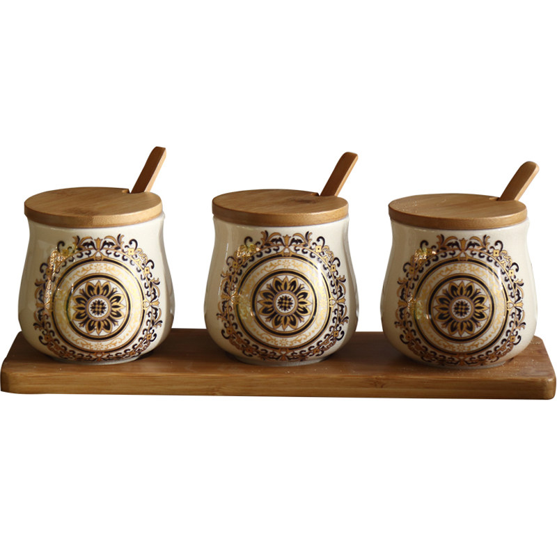 欧式创意盐罐糖罐美式陶瓷调料调味罐盒厨房收纳罐套装防潮带盖