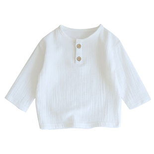 宝宝软糯透气文艺清新净色棉麻风T恤上衣 婴儿童春夏棉纱宽松长袖