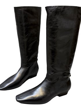 欧货真皮方头方跟高筒骑士靴女