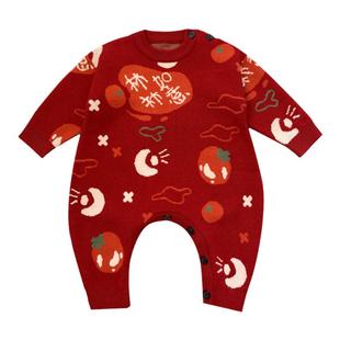 婴儿拜年服加绒加厚连体衣宝宝冬装喜庆新年过年周岁百日宴爬爬服
