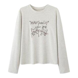 it :orange forest圆领长袖字母印花T恤女 个性百搭猫咪图案上衣