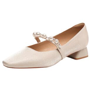 法式缎面低跟婚鞋珍珠一字带玛丽珍单鞋粗跟方头女鞋伴娘新娘鞋子