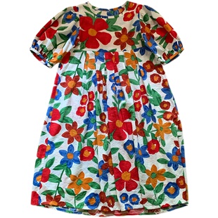 法式胖mm复古印花连衣裙泡泡袖2024夏季大码女装海边度假娃娃裙子