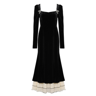 DPLAY2025秋季丝绒连衣裙法式黑色连衣裙鱼尾长裙礼服裙小黑裙女