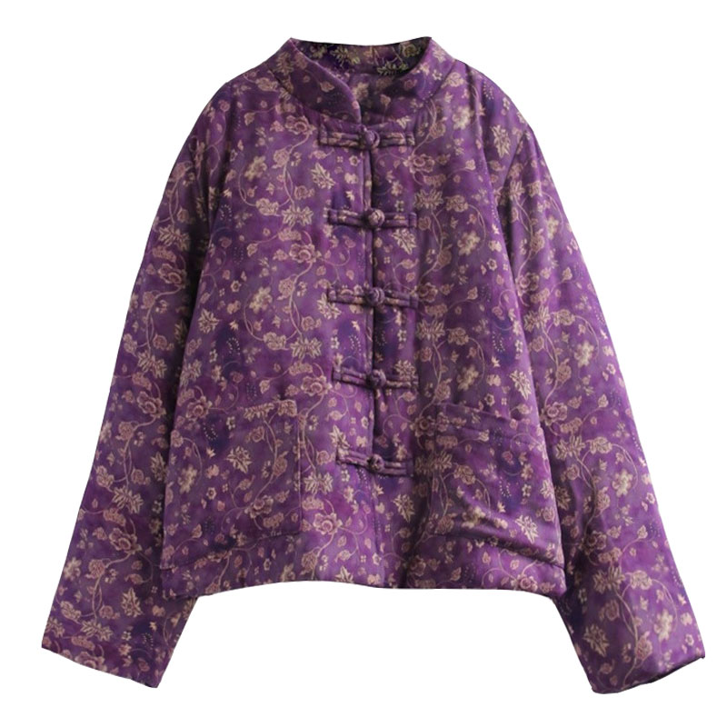 新中式立领盘扣加厚碎花棉麻棉服