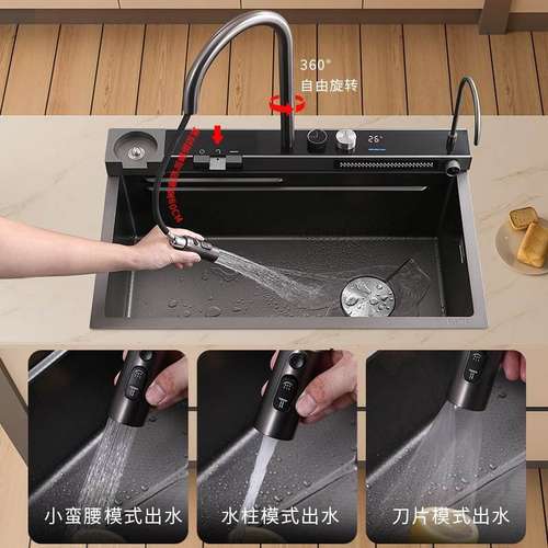 纳米304不锈钢飞雨瀑布水槽数显按键大单槽手工洗菜盆厨房洗碗池