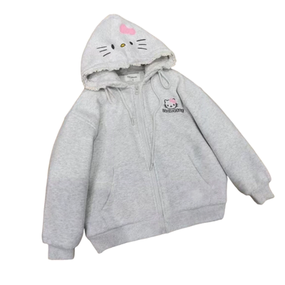 女童洋气加绒刺绣KT猫连帽外套冬