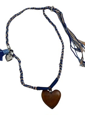 新中式蓝色编绳酸枝木爱心吊坠项链女古风小众高级感可调节毛衣链