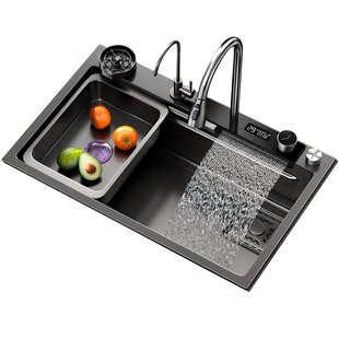 飞雨瀑布水槽304不锈钢家用厨房洗菜盆大单槽台下盆洗碗槽洗菜池
