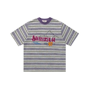 悟空有货夏季毛巾绣字母条纹短袖T恤男潮牌情侣宽松百搭休闲体恤