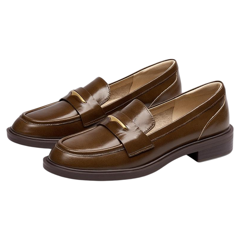 蹀愫2025年新款牛皮圆头方跟棕色乐福鞋英伦小皮鞋单鞋TA65140-51