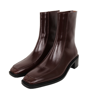 InkingPot彭姐 方头短靴后拉链中跟裸靴粗跟短筒真皮骑士靴女冬季