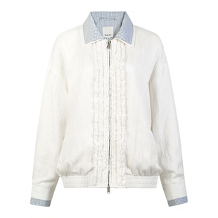 GUUKAHERO韩系白色假两件木耳边夹克女双层翻领MIU系简约长袖外套