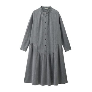 设计师款佐丹奴宽松衬衫裙女细格纹花边立领半开襟连衣裙18465227