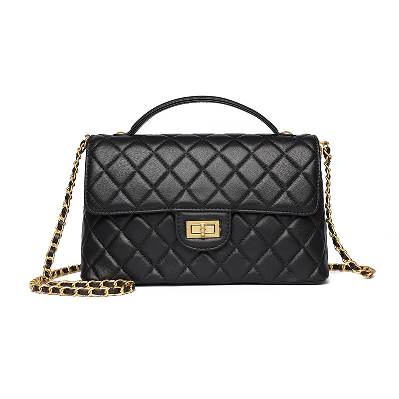 头层羊皮小香风菱格刺绣链条包轻奢手提单肩斜挎包高级感真皮女包
