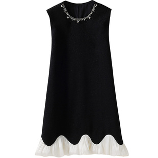 小香风毛呢背心裙复古钉珠小黑裙A字显瘦连衣裙 2025秋冬新款女装