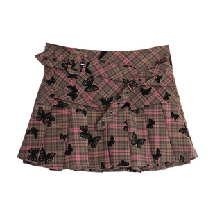 西町村屋半身裙女秋新款学院风蝴蝶植绒格纹超短百褶裙AC8406001