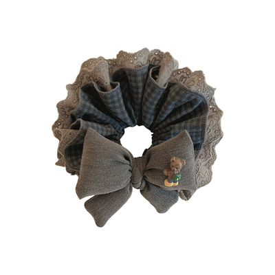 韩系复古灰色格子蝴蝶结发圈