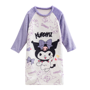 女童睡裙法兰绒可爱KT猫秋冬天保暖高端珊瑚毛绒小女孩家居裙套装