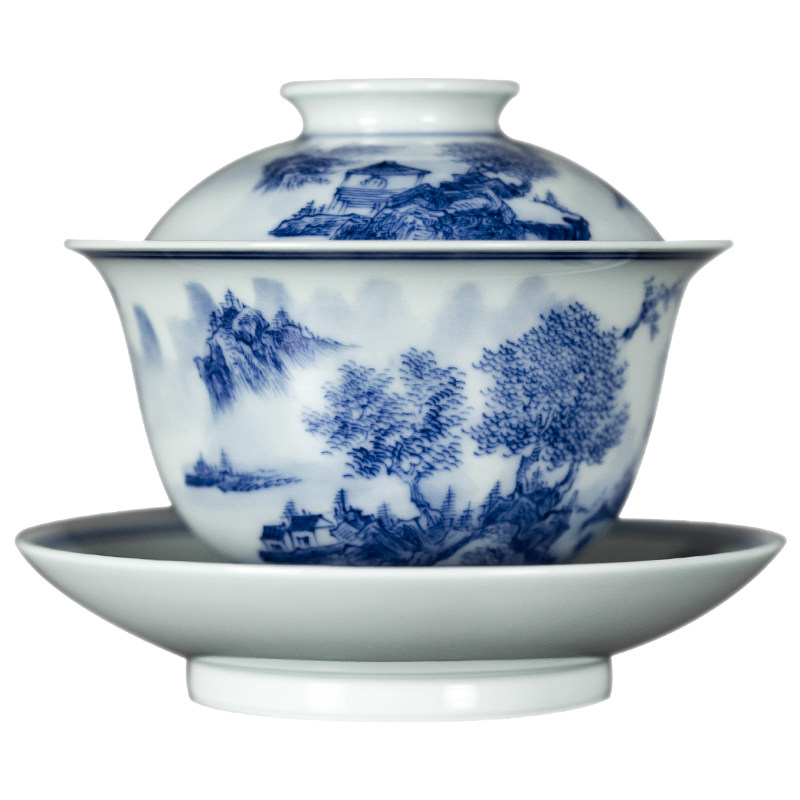 仿古青花寒山幽居三才盖碗