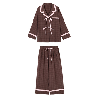 JoyceBra  甜美撞色蝴蝶结花边睡衣套装女纯棉可外穿家居服两件套