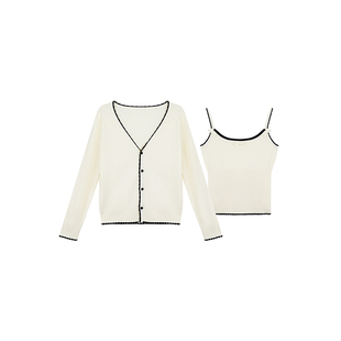 安妮不火 撞色边开衫&蝴蝶结吊带毛织两件套微大码收腰短款上衣