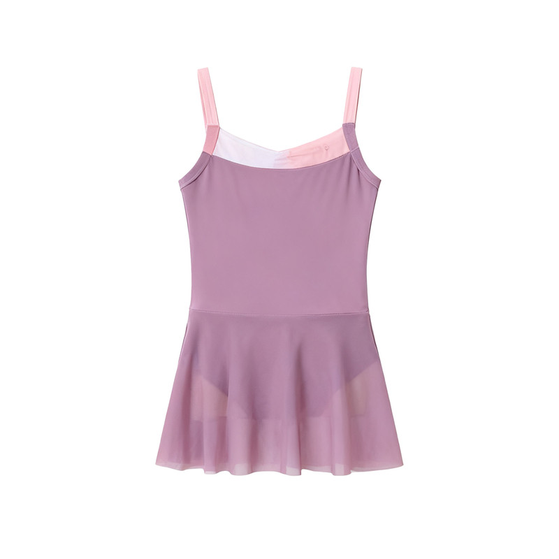 儿童芭蕾舞服女童白色无袖连体练功服网纱拼接立体线条连衣裙