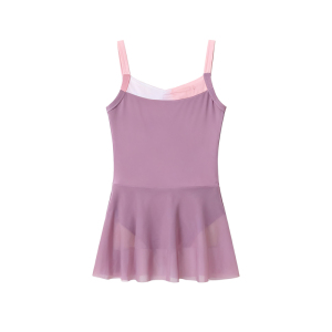 儿童芭蕾舞服女童白色无袖连体练功服网纱拼接立体线条连衣裙