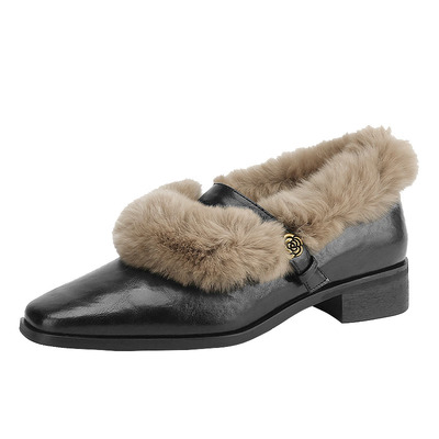 加绒玛丽珍毛毛鞋女黑色高跟单鞋