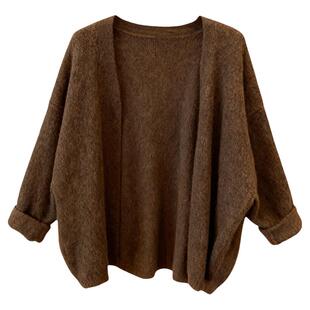 美拉德复古棕色中长款毛衣女慵懒风高级感宽松针织开衫泡泡袖外套