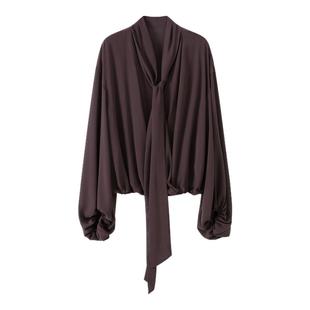 RUISHI芮时“浮游诗意 ”法式显瘦气质v领飘带衬衫灯笼袖上衣女秋