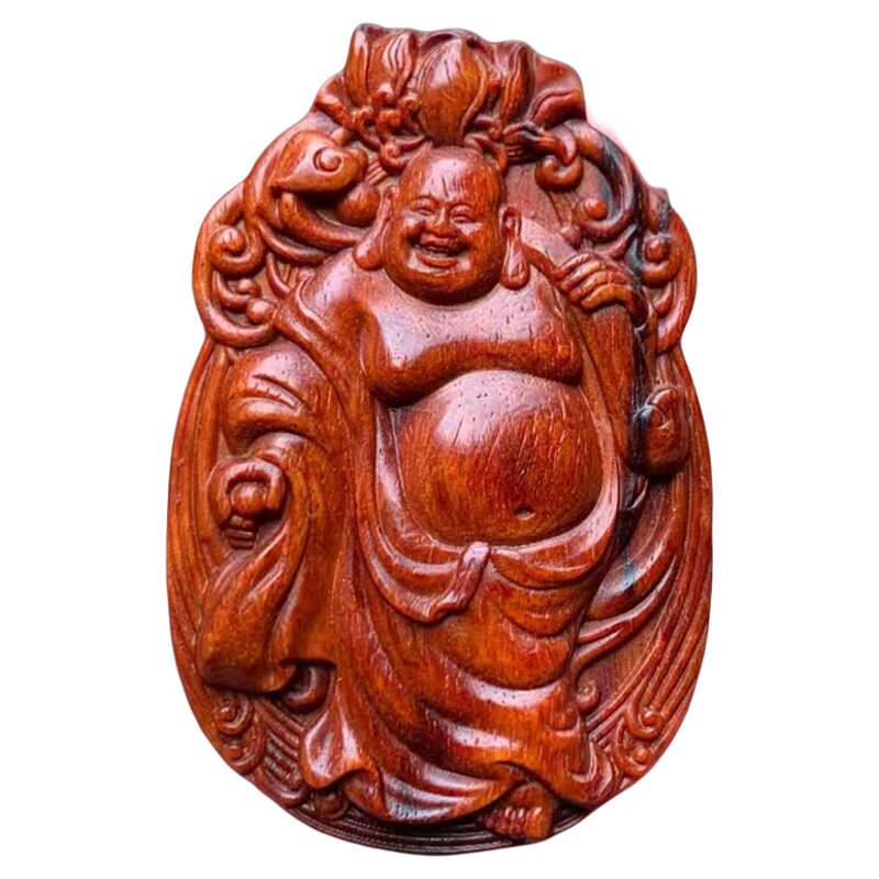 弥勒佛挂牌笑口常开紫檀红木雕刻吊坠实木方牌平安牌配饰挂件木雕