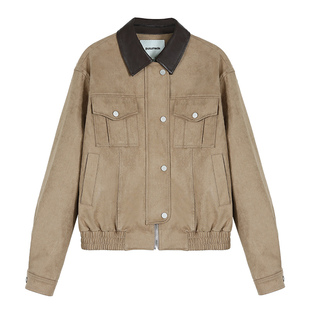 pusumede 柏林落日 撞色POLO领麂皮外套女复古休闲宽松夹克上衣