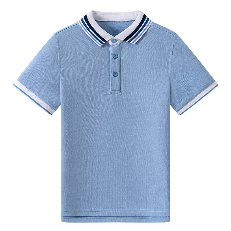 伊顿校服工厂学院浅蓝条纹撞色领短袖POLO衫儿童夏季中小学生班服