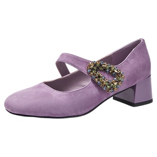 星期六羊皮高跟鞋女春季新款紫色气质法式粗跟玛丽珍女鞋单鞋