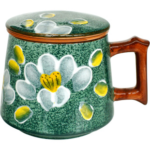 优雅复古手绘山茶花泡茶杯茶水分离过滤杯高温陶瓷办公室带盖杯子