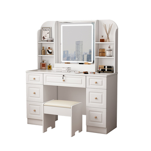 实木梳妆台卧室简约现代小型大容量储物柜化妆桌轻奢触摸灯化妆台