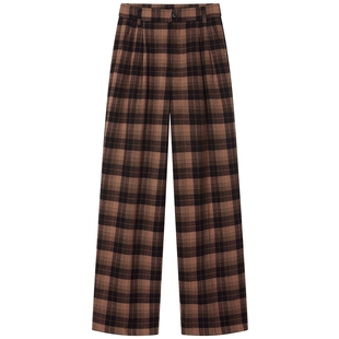 曼德诗撞色格纹直筒裤2025冬季新款复古摩登女裤时尚高腰休闲裤女