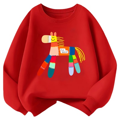 儿童红色卫衣加绒女童男童拜年服2026马年本命年12岁女孩圆领衣服