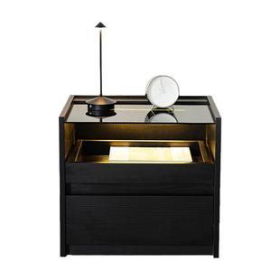 意式极简床头柜现代简约灰色玻璃带灯一体床边柜卧室储物柜收纳柜