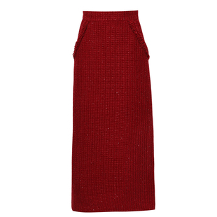 DPLAY2025秋季小香风红色高腰半身裙粗花呢套装时尚女士套装2件套