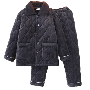 冬季睡衣男士三层夹棉中老年加厚加绒套装珊瑚绒爸爸家居服两件套