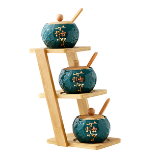 北欧祖母绿厨房家用陶瓷调料罐糖罐盐罐佐料盒带勺子调味罐套装