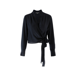 MARYLING玛俪琳夏季深蓝真丝长袖V领蝴蝶结上衣