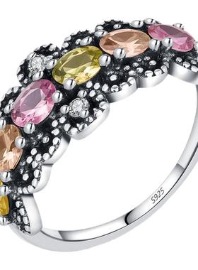 摩典925纯银复古彩钻少女感戒指