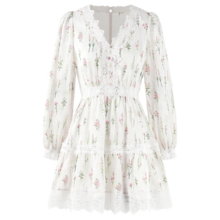 艾米同款可可尼V领长袖碎花裙女26春新款田园风白色苎麻连衣裙