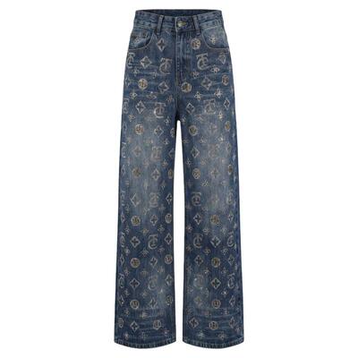 TCH潮牌烫钻老花满印复古蓝做旧直筒显瘦阔腿牛仔裤女T78A20E1207